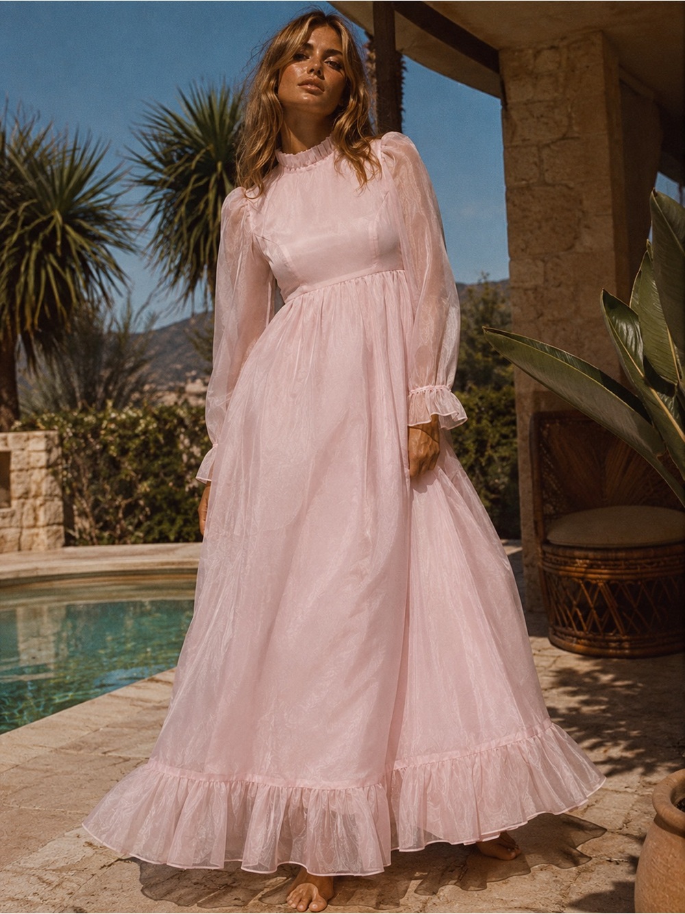 Vintage Soft Pink Ruffled Maxi Dress